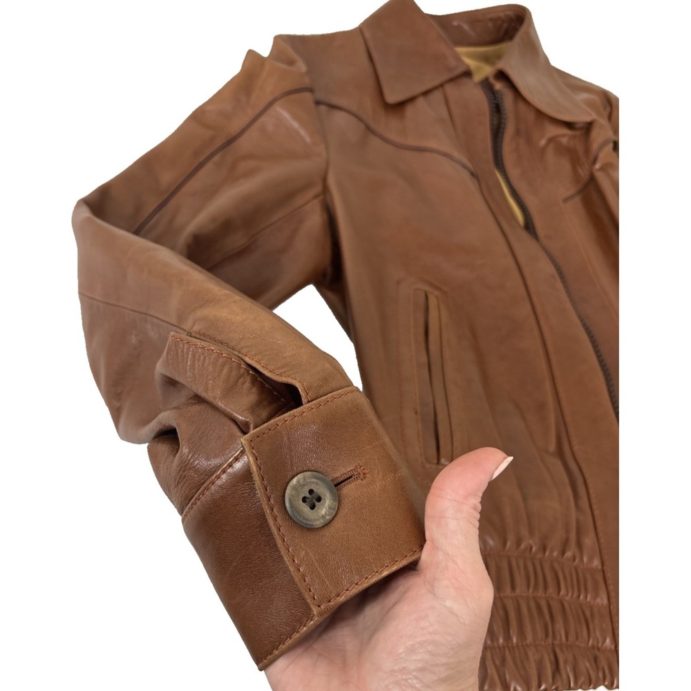 Vintage Cortefiel Leather Bomber Jacket Mens 38 Caramel Brown Soft Gangster - Picture 4 of 14